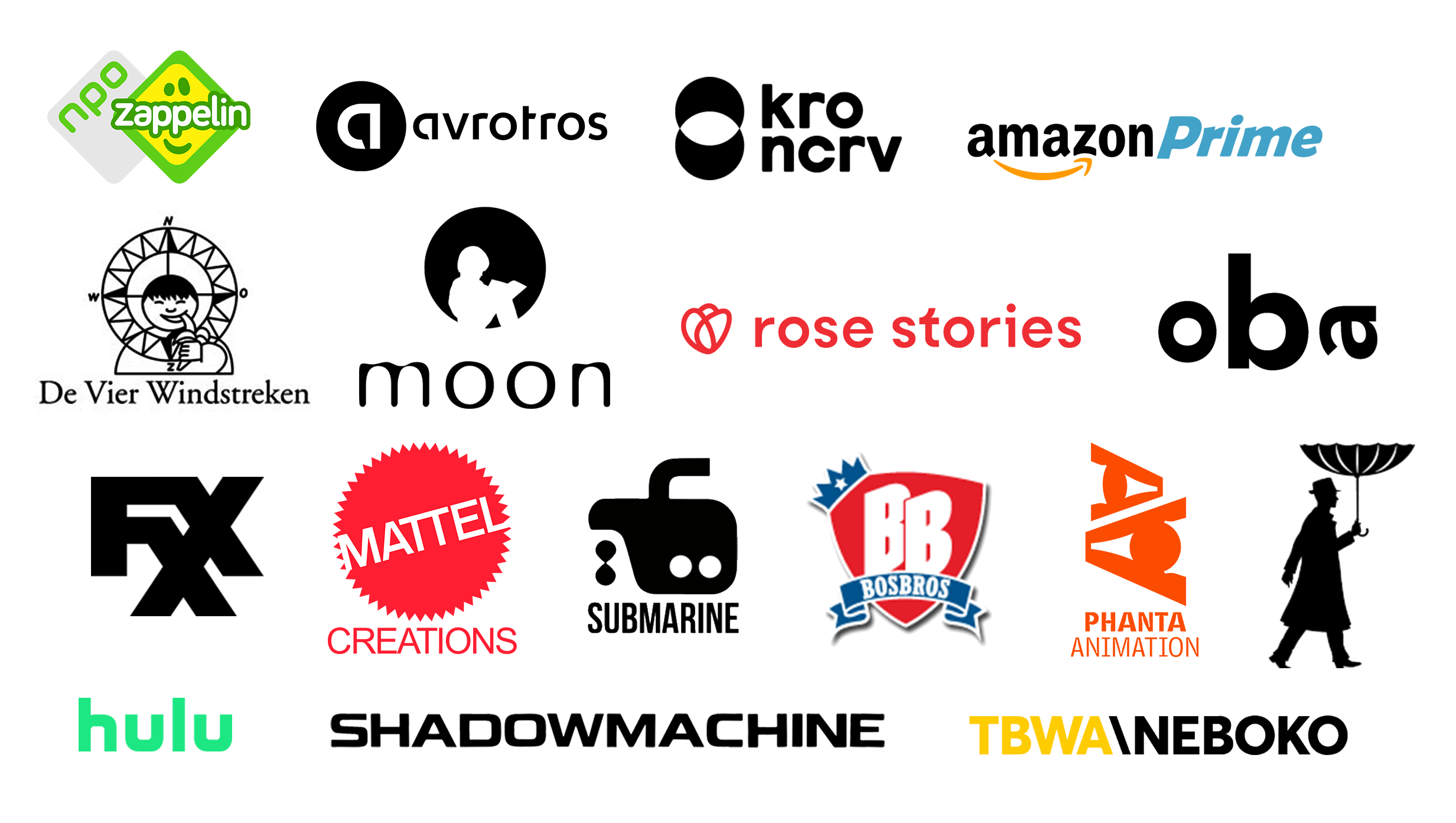Shadow Machine, Hulu, Amazon Prime, TBWA\Neboko, NPO zappelin, AVROTROS, KRO-NCRV, Rose Stories, FXX, Mattel Creations, Submarine, BosBros, Phanta Animation, Something's Awry Productions